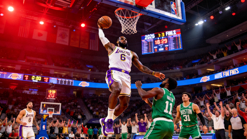 2026年NBA总决赛湖人队与凯尔特人队激战，勒布朗·詹姆斯暴扣得分
